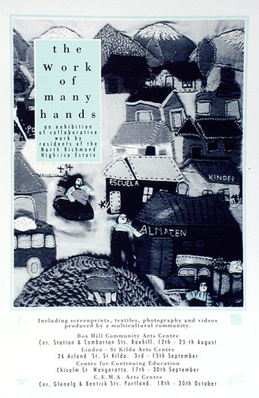 Artist: b'Shiels, Julie.' | Title: b'The work of many hands.' | Date: 1991 | Technique: b'screenprint and photo-screenprint, printed in colour, from two stencils' Artist: b'Shiels, Julie.' | Title: b'The work of many hands.' | Date: 1991 | Technique: b'screenprint and photo-screenprint, printed in colour, from two stencils'