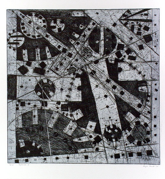 Artist: b'Kemp, Roger.' | Title: b'Sequence nine' | Date: 1972 | Technique: b'etching and aquatint printed in blue/black with plate-tone, from one plate' Artist: b'Kemp, Roger.' | Title: b'Sequence nine' | Date: 1972 | Technique: b'etching and aquatint printed in blue/black with plate-tone, from one plate'