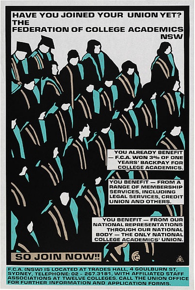 Artist: b'REDBACK GRAPHIX' | Title: b'College Academics.' | Date: 1986 | Technique: b'screenprint, printed in colour, from three stencils' Artist: b'REDBACK GRAPHIX' | Title: b'College Academics.' | Date: 1986 | Technique: b'screenprint, printed in colour, from three stencils'