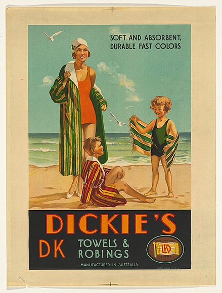 Artist: b'Wood., C. Dudley.' | Title: bDickie's DK towels and robings | Date: c.1939 | Technique: b'lithograph, printed in colour, from multiple stones' Artist: b'Wood., C. Dudley.' | Title: bDickie's DK towels and robings | Date: c.1939 | Technique: b'lithograph, printed in colour, from multiple stones'