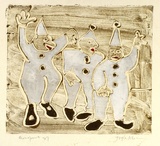 Artist: Allen, Joyce. | Title: (Clowns). | Date: 1987 | Technique: monotype, printed in brown ink, from one plate, hand-coloured