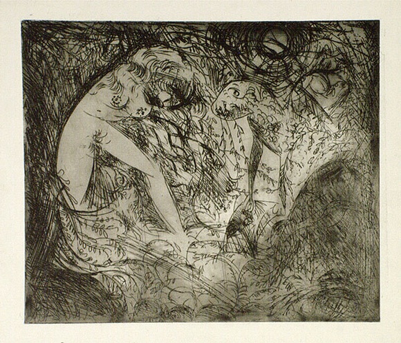 Artist: b'BOYD, Arthur' | Title: b'Nude with dog in thicket.' | Date: (1962-63) | Technique: b'etching, printed in black ink, from one plate' | Copyright: b'Reproduced with permission of Bundanon Trust' Artist: b'BOYD, Arthur' | Title: b'Nude with dog in thicket.' | Date: (1962-63) | Technique: b'etching, printed in black ink, from one plate' | Copyright: b'Reproduced with permission of Bundanon Trust'