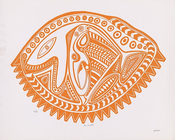 Artist: b'Lasisi, David.' | Title: b'Samkuila' | Date: 1976 | Technique: b'screenprint, printed in yellow ink, from one stencil' Artist: b'Lasisi, David.' | Title: b'Samkuila' | Date: 1976 | Technique: b'screenprint, printed in yellow ink, from one stencil'