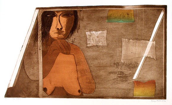 Artist: b'BALDESSIN, George' | Title: b'The table.' | Date: 1974 | Technique: b'etching and aquatint, printed in colour ink, from one shaped plate' Artist: b'BALDESSIN, George' | Title: b'The table.' | Date: 1974 | Technique: b'etching and aquatint, printed in colour ink, from one shaped plate'
