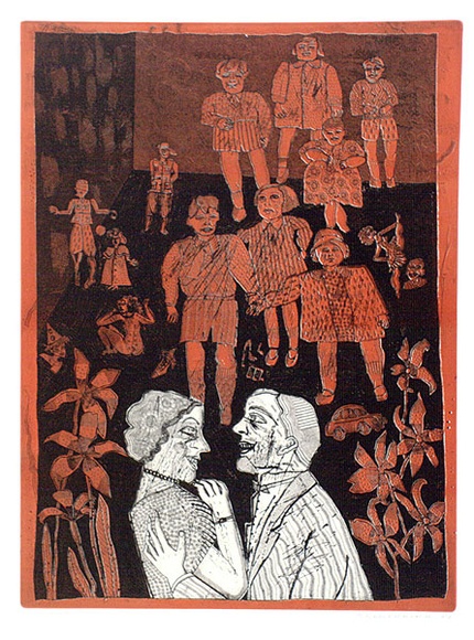 Artist: b'HANRAHAN, Barbara' | Title: b'The engagement' | Date: 1979 | Technique: b'relief-etching, printed in colour with plate-tone, from two plates' Artist: b'HANRAHAN, Barbara' | Title: b'The engagement' | Date: 1979 | Technique: b'relief-etching, printed in colour with plate-tone, from two plates'