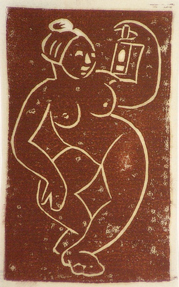 Artist: b'Stephen, Clive.' | Title: b'(Nude with lantern)' | Date: c.1950 | Technique: b'linocut, printed in reddish/brown ink, froom one block' Artist: b'Stephen, Clive.' | Title: b'(Nude with lantern)' | Date: c.1950 | Technique: b'linocut, printed in reddish/brown ink, froom one block'