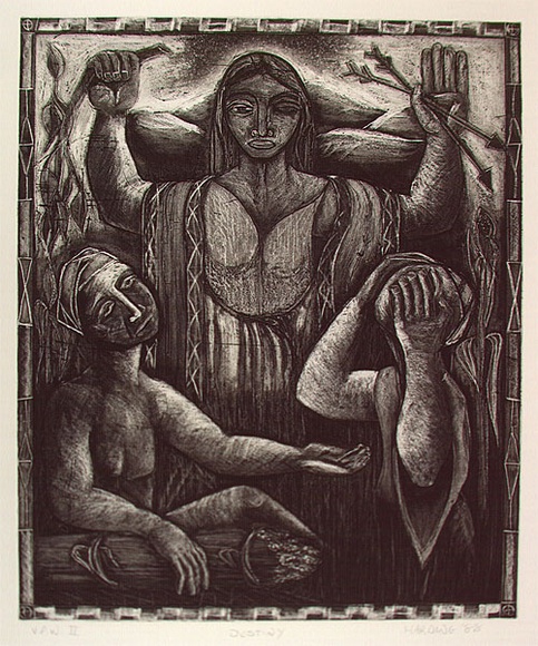 Artist: b'Harding, Richard.' | Title: b'Destiny' | Date: 1988, October | Technique: b'etching and aquatint, printed in black ink with plate-tone, from one plate' Artist: b'Harding, Richard.' | Title: b'Destiny' | Date: 1988, October | Technique: b'etching and aquatint, printed in black ink with plate-tone, from one plate'
