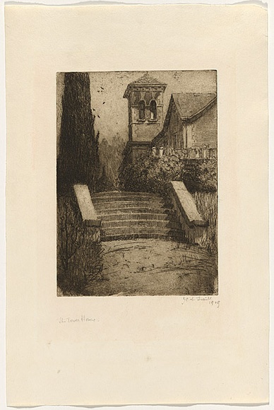 Artist: b'Traill, Jessie.' | Title: b'The Tower House' | Date: 1909 | Technique: b'etching, drypoint and foul biting, printed in black ink with plate-tone, from one plate' Artist: b'Traill, Jessie.' | Title: b'The Tower House' | Date: 1909 | Technique: b'etching, drypoint and foul biting, printed in black ink with plate-tone, from one plate'