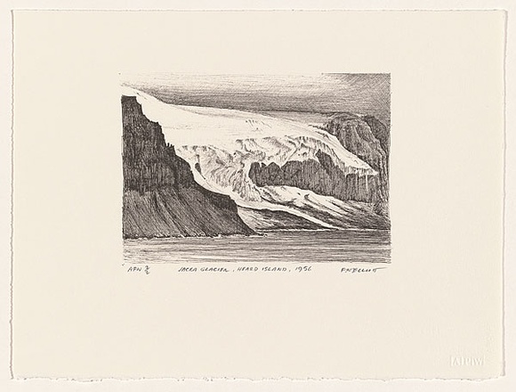 Artist: b'Elliott, Fred W.' | Title: b'Jacka Glacier, Heard Island, 1956' | Date: 1997, February | Technique: b'photo-lithograph, printed in black ink, from one stone' | Copyright: b'By courtesy of the artist' Artist: b'Elliott, Fred W.' | Title: b'Jacka Glacier, Heard Island, 1956' | Date: 1997, February | Technique: b'photo-lithograph, printed in black ink, from one stone' | Copyright: b'By courtesy of the artist'