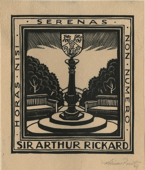 Artist: b'FEINT, Adrian' | Title: b'Bookplate: Sir Arthur Rickard.' | Date: 1929 | Technique: b'wood-engraving, printed in black ink, from one block' | Copyright: b'Courtesy the Estate of Adrian Feint' Artist: b'FEINT, Adrian' | Title: b'Bookplate: Sir Arthur Rickard.' | Date: 1929 | Technique: b'wood-engraving, printed in black ink, from one block' | Copyright: b'Courtesy the Estate of Adrian Feint'