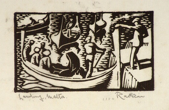 Artist: b'Hawkins, Weaver.' | Title: b'Landing, Malta.' | Date: c.1927 | Technique: b'woodcut, printed in black ink, from one block' | Copyright: b'The Estate of H.F Weaver Hawkins' Artist: b'Hawkins, Weaver.' | Title: b'Landing, Malta.' | Date: c.1927 | Technique: b'woodcut, printed in black ink, from one block' | Copyright: b'The Estate of H.F Weaver Hawkins'