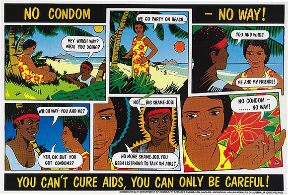 Artist: b'REDBACK GRAPHIX' | Title: b'No condom - no way!' | Date: 1988 | Technique: b'screenprint, printed in colour, from four stencils (three process colour plus black)' Artist: b'REDBACK GRAPHIX' | Title: b'No condom - no way!' | Date: 1988 | Technique: b'screenprint, printed in colour, from four stencils (three process colour plus black)'