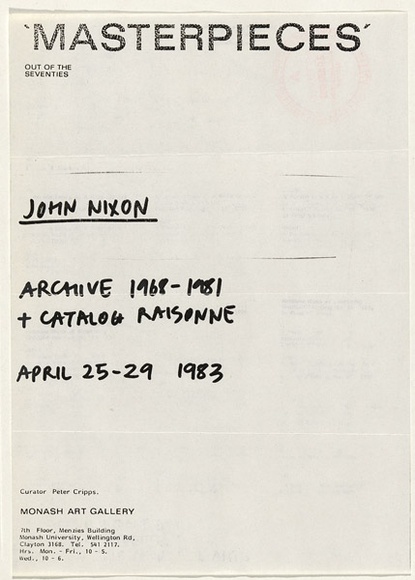 Artist: b'Nixon, John.' | Title: b'Masterpieces: Out of the Seventies' | Date: 1983 | Technique: b'photocopy' Artist: b'Nixon, John.' | Title: b'Masterpieces: Out of the Seventies' | Date: 1983 | Technique: b'photocopy'