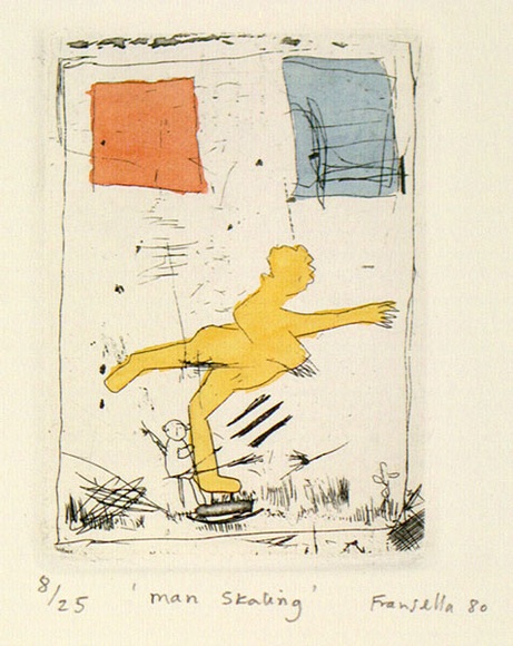 Artist: b'Fransella, Graham.' | Title: b'Man skating.' | Date: 1980 | Technique: b'etching, printed in black ink, from one plate; hand-coloured' | Copyright: b'Courtesy of the artist' Artist: b'Fransella, Graham.' | Title: b'Man skating.' | Date: 1980 | Technique: b'etching, printed in black ink, from one plate; hand-coloured' | Copyright: b'Courtesy of the artist'