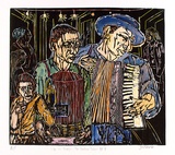 Artist: ZOFREA, Salvatore | Title: Life in Borgia. The fortune teller. | Date: 1989 | Technique: woodcut, printed in black, from one block; hand-coloured | Copyright: © Salvatore Zofrea, 1989