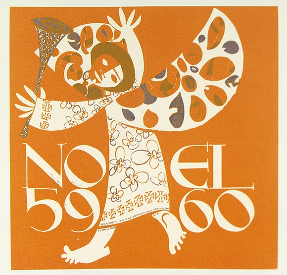 Artist: b'Stringer, John.' | Title: b'Greeting card: Christmas (Angel with clarion).' | Date: 1959 | Technique: b'linocut, printed in colour, from multiple blocks' Artist: b'Stringer, John.' | Title: b'Greeting card: Christmas (Angel with clarion).' | Date: 1959 | Technique: b'linocut, printed in colour, from multiple blocks'