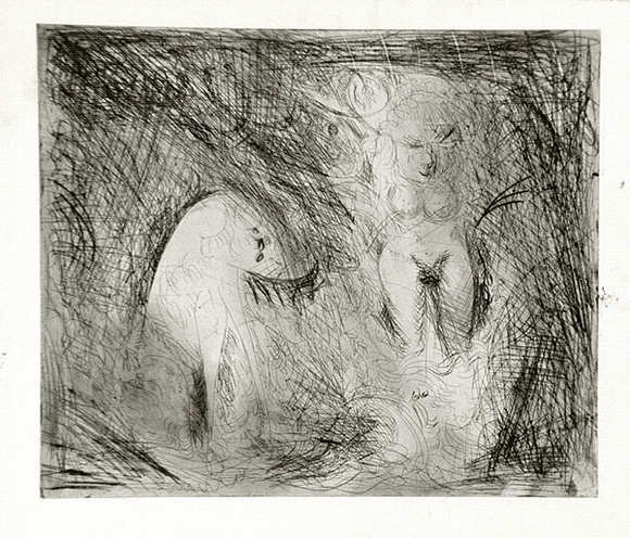 Artist: b'BOYD, Arthur' | Title: bNude walking in a creek with dog and ram's head. | Date: (1962-63) | Technique: b'etching and drypoint, printed in black ink, from one plate' | Copyright: b'Reproduced with permission of Bundanon Trust' Artist: b'BOYD, Arthur' | Title: bNude walking in a creek with dog and ram's head. | Date: (1962-63) | Technique: b'etching and drypoint, printed in black ink, from one plate' | Copyright: b'Reproduced with permission of Bundanon Trust'