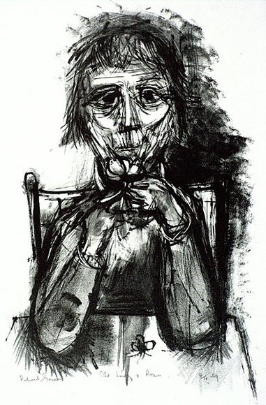 Artist: b'Grieve, Robert.' | Title: b'Old lady and rose' | Date: 1959 | Technique: b'lithograph, printed in blue-black from one stone' Artist: b'Grieve, Robert.' | Title: b'Old lady and rose' | Date: 1959 | Technique: b'lithograph, printed in blue-black from one stone'