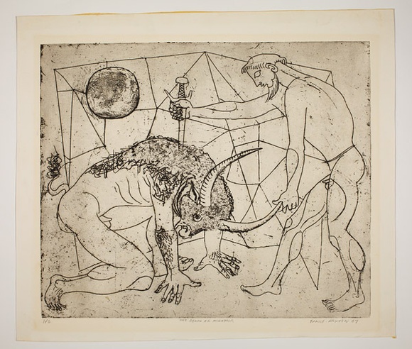 Artist: b'Haxton, Elaine' | Title: b'The death of minotaur' | Date: 1967 | Technique: b'etching, drypoint and aquatint'