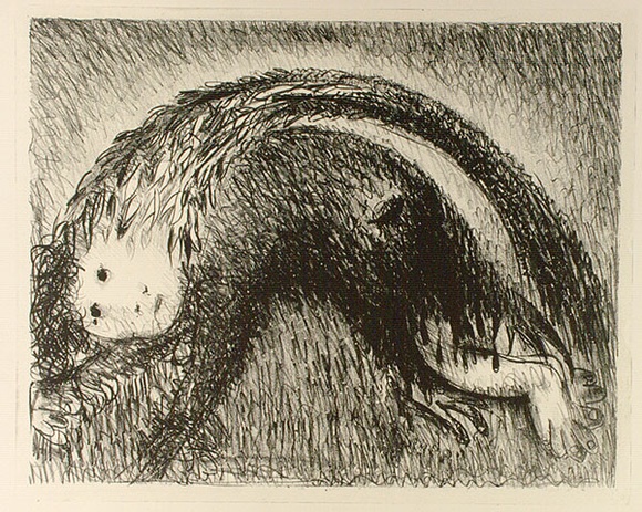 Artist: b'BOYD, Arthur' | Title: b'The Wolf of Gubbio with St Francis in a bent tree.' | Date: (1965) | Technique: b'lithograph, printed in black ink, from one plate' | Copyright: b'Reproduced with permission of Bundanon Trust' Artist: b'BOYD, Arthur' | Title: b'The Wolf of Gubbio with St Francis in a bent tree.' | Date: (1965) | Technique: b'lithograph, printed in black ink, from one plate' | Copyright: b'Reproduced with permission of Bundanon Trust'