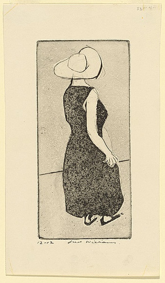 Artist: b'WILLIAMS, Fred' | Title: b'Lady' | Date: 1955-56 | Technique: b'etching, aquatint, engraving and drypoint, printed in black ink, from one copper plate' | Copyright: b'\xc2\xa9 Fred Williams Estate' Artist: b'WILLIAMS, Fred' | Title: b'Lady' | Date: 1955-56 | Technique: b'etching, aquatint, engraving and drypoint, printed in black ink, from one copper plate' | Copyright: b'\xc2\xa9 Fred Williams Estate'