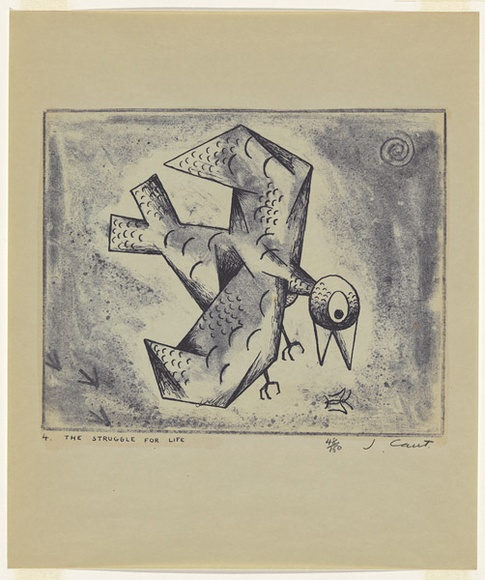 Artist: b'Cant, James.' | Title: b'The struggle for life.' | Date: 1948 | Technique: b'cliche-verre, printed in blue pigment, from one hand-drawn glass plate' | Copyright: b'\xc2\xa9 James Cant. Licensed by VISCOPY, Australia, 2008.' Artist: b'Cant, James.' | Title: b'The struggle for life.' | Date: 1948 | Technique: b'cliche-verre, printed in blue pigment, from one hand-drawn glass plate' | Copyright: b'\xc2\xa9 James Cant. Licensed by VISCOPY, Australia, 2008.'
