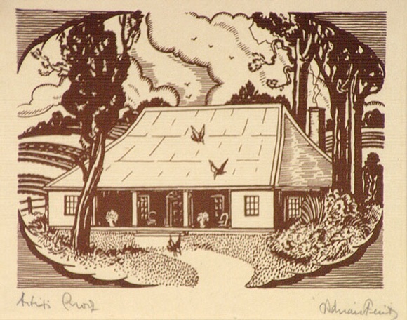Artist: b'FEINT, Adrian' | Title: b'(Colonial house).' | Technique: b'wood-engraving' | Copyright: b'Courtesy the Estate of Adrian Feint' Artist: b'FEINT, Adrian' | Title: b'(Colonial house).' | Technique: b'wood-engraving' | Copyright: b'Courtesy the Estate of Adrian Feint'