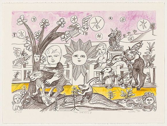 Artist: b'Mora, Mirka.' | Title: b'The cock-ring I' | Date: 1996, March | Technique: b'lithograph, printed in colour, from three stones' | Copyright: b'\xc2\xa9 Mirka Mora' Artist: b'Mora, Mirka.' | Title: b'The cock-ring I' | Date: 1996, March | Technique: b'lithograph, printed in colour, from three stones' | Copyright: b'\xc2\xa9 Mirka Mora'