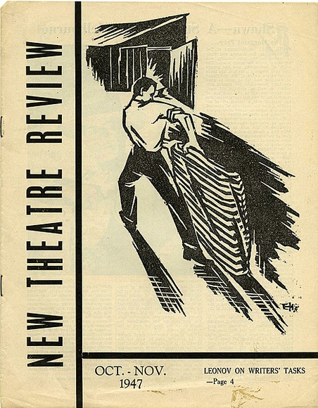 Title: b'New theatre review: Oct-Nov 1947' | Date: September 1947 | Technique: b'linocut, printed in black ink, from one block; letterpress text' Title: b'New theatre review: Oct-Nov 1947' | Date: September 1947 | Technique: b'linocut, printed in black ink, from one block; letterpress text'