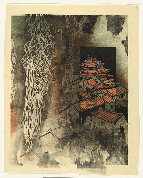 Artist: b'Thorpe, Lesbia.' | Title: b'(Taiwanese village)' | Date: 1978 | Technique: b'woodcut, printed in colour, from three blocks' Artist: b'Thorpe, Lesbia.' | Title: b'(Taiwanese village)' | Date: 1978 | Technique: b'woodcut, printed in colour, from three blocks'