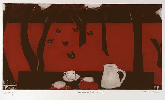 Artist: b'Hattam, Katherine.' | Title: b'Food and water I morning' | Date: 1998, September | Technique: b'etching and aquatint, printed in colour, from multiple plates' Artist: b'Hattam, Katherine.' | Title: b'Food and water I morning' | Date: 1998, September | Technique: b'etching and aquatint, printed in colour, from multiple plates'