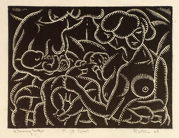 Artist: b'Hawkins, Weaver.' | Title: b'A nursing mother (B)' | Date: 1948 | Technique: b'linocut, printed in black ink, from one block' | Copyright: b'The Estate of H.F Weaver Hawkins' Artist: b'Hawkins, Weaver.' | Title: b'A nursing mother (B)' | Date: 1948 | Technique: b'linocut, printed in black ink, from one block' | Copyright: b'The Estate of H.F Weaver Hawkins'