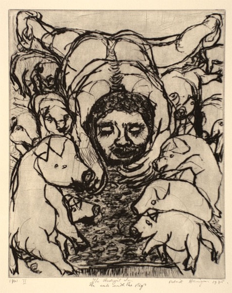Artist: b'Henigan, Patrick.' | Title: b'The prodigal son (eats with the pigs)' | Date: 1985 | Technique: b'drypoint, printed in black ink, from one plate' Artist: b'Henigan, Patrick.' | Title: b'The prodigal son (eats with the pigs)' | Date: 1985 | Technique: b'drypoint, printed in black ink, from one plate'