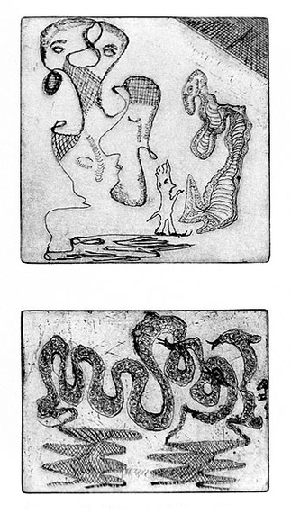 Artist: b'Shearer, Mitzi.' | Title: b'They pleaded ignorance' | Date: 1984 | Technique: b'etching, printed in black, with plate-tone, from two plates (two images)' Artist: b'Shearer, Mitzi.' | Title: b'They pleaded ignorance' | Date: 1984 | Technique: b'etching, printed in black, with plate-tone, from two plates (two images)'