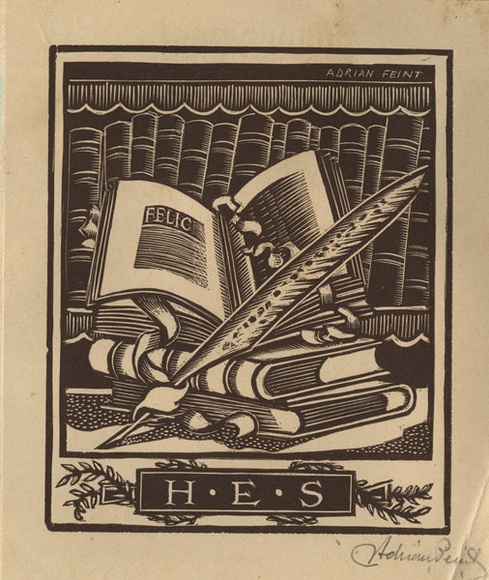Artist: b'FEINT, Adrian' | Title: b'Bookplate: H E S.' | Date: (1938) | Technique: b'wood-engraving, printed in brown ink, from one block' | Copyright: b'Courtesy the Estate of Adrian Feint' Artist: b'FEINT, Adrian' | Title: b'Bookplate: H E S.' | Date: (1938) | Technique: b'wood-engraving, printed in brown ink, from one block' | Copyright: b'Courtesy the Estate of Adrian Feint'