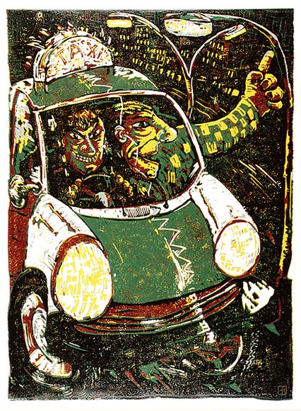 Artist: b'King, Peter.' | Title: b'Two wild men in a taxi' | Date: 12 May 1985 | Technique: b'linocut, printed in colour, from mutliple blocks' Artist: b'King, Peter.' | Title: b'Two wild men in a taxi' | Date: 12 May 1985 | Technique: b'linocut, printed in colour, from mutliple blocks'