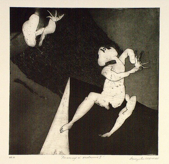 Artist: b'BALDESSIN, George' | Title: b'Personage in enclosure II.' | Date: 1965 | Technique: b'etching and aquatint, printed in black ink, from one plate' Artist: b'BALDESSIN, George' | Title: b'Personage in enclosure II.' | Date: 1965 | Technique: b'etching and aquatint, printed in black ink, from one plate'