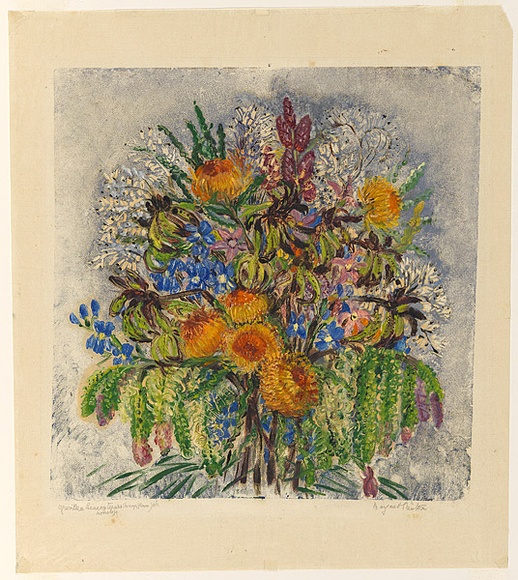 Artist: b'PRESTON, Margaret' | Title: b'Grevillea leucopteris.' | Date: 1946 | Technique: b'monotype, printed in colour, from one masonite sheet' | Copyright: b'\xc2\xa9 Margaret Preston. Licensed by VISCOPY, Australia' Artist: b'PRESTON, Margaret' | Title: b'Grevillea leucopteris.' | Date: 1946 | Technique: b'monotype, printed in colour, from one masonite sheet' | Copyright: b'\xc2\xa9 Margaret Preston. Licensed by VISCOPY, Australia'