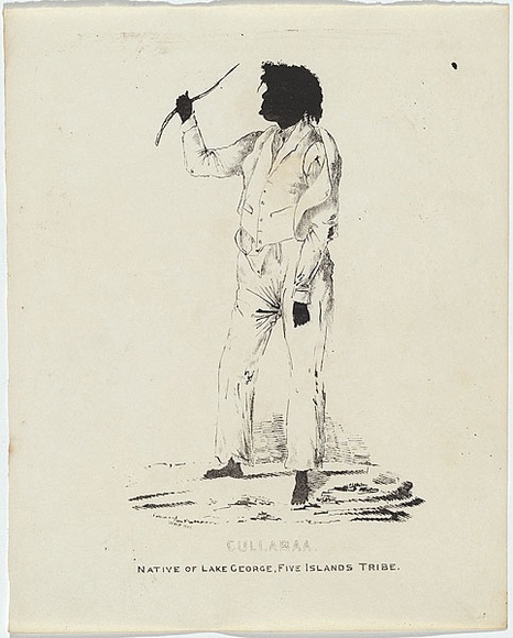 Artist: b'Fernyhough, William.' | Title: b'Cullabaa, native of Lake George, Five Islands Tribe.' | Date: 1836 | Technique: b'pen-lithograph, printed in black ink, from one zinc plate' Artist: b'Fernyhough, William.' | Title: b'Cullabaa, native of Lake George, Five Islands Tribe.' | Date: 1836 | Technique: b'pen-lithograph, printed in black ink, from one zinc plate'