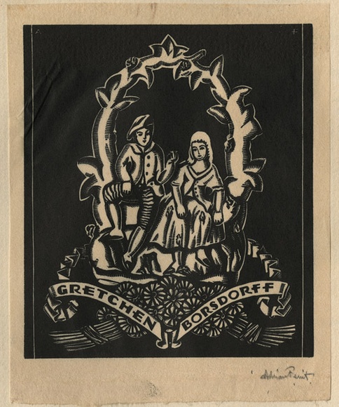 Artist: b'FEINT, Adrian' | Title: b'Bookplate: Gretchen Borsdorff.' | Date: (1933) | Technique: b'wood-engraving, printed in black ink, from one block' | Copyright: b'Courtesy the Estate of Adrian Feint' Artist: b'FEINT, Adrian' | Title: b'Bookplate: Gretchen Borsdorff.' | Date: (1933) | Technique: b'wood-engraving, printed in black ink, from one block' | Copyright: b'Courtesy the Estate of Adrian Feint'
