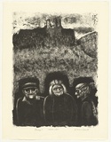 Artist: Counihan, Noel. | Title: Three villagers and Chateau d'Opoul. | Date: 1981 | Technique: lithograph, printed in black ink, from one zinc plate