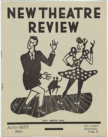 Artist: b'Lindesay, Vane.' | Title: b'(frontcover) New theatre review: August-September 1945.' | Date: August-September 1945 | Technique: b'linocut, printed in black ink, from one block; letterpress text' Artist: b'Lindesay, Vane.' | Title: b'(frontcover) New theatre review: August-September 1945.' | Date: August-September 1945 | Technique: b'linocut, printed in black ink, from one block; letterpress text'