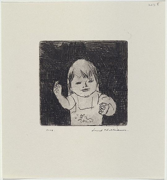 Artist: b'WILLIAMS, Fred' | Title: b'Isobel in her playsuit' | Date: 1964-65 | Technique: b'etching, drypoint, flat biting, printed in black ink, from one copper plate' | Copyright: b'\xc2\xa9 Fred Williams Estate' Artist: b'WILLIAMS, Fred' | Title: b'Isobel in her playsuit' | Date: 1964-65 | Technique: b'etching, drypoint, flat biting, printed in black ink, from one copper plate' | Copyright: b'\xc2\xa9 Fred Williams Estate'