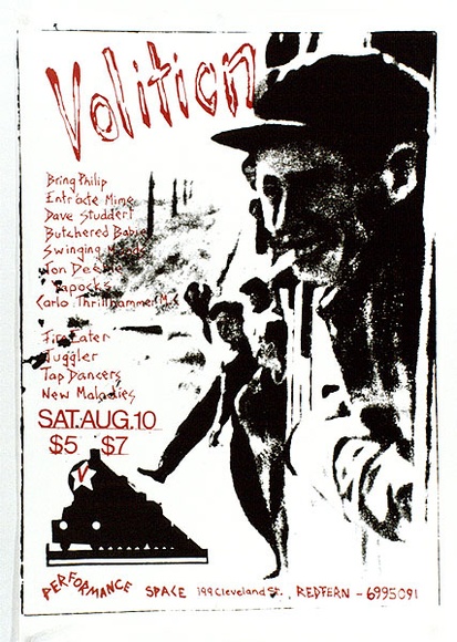 Artist: b'MERD INTERNATIONAL' | Title: b'Poster: Volition' | Date: 1984 | Technique: b'screenprint, printed in colour, from multiple stencils' Artist: b'MERD INTERNATIONAL' | Title: b'Poster: Volition' | Date: 1984 | Technique: b'screenprint, printed in colour, from multiple stencils'