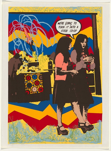 Artist: b'Robertson, Toni.' | Title: b'Taking marketown by strategy - 3' | Date: 1977 | Technique: b'screenprint, printed in colour, from multiple stencils' | Copyright: b'\xc2\xa9 Toni Robertson' Artist: b'Robertson, Toni.' | Title: b'Taking marketown by strategy - 3' | Date: 1977 | Technique: b'screenprint, printed in colour, from multiple stencils' | Copyright: b'\xc2\xa9 Toni Robertson'