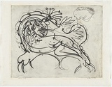 Artist: BOYD, Arthur | Title: Figure on a couch with bouquet in ear. | Date: (1968-69) | Technique: etching, printed in black ink, from one plate | Copyright: Reproduced with permission of Bundanon Trust