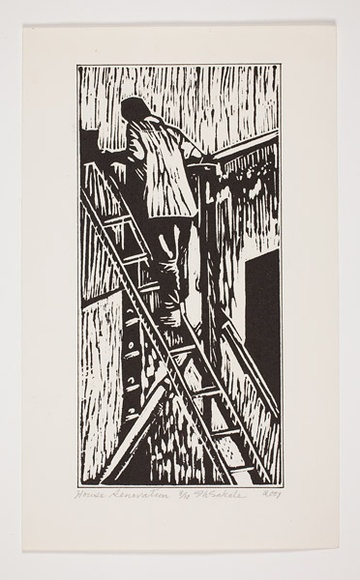 Artist: b'Sakale John, Laben.' | Title: b'House renovation' | Date: 2001 | Technique: b'linocut, printed in black ink, from one block' Artist: b'Sakale John, Laben.' | Title: b'House renovation' | Date: 2001 | Technique: b'linocut, printed in black ink, from one block'