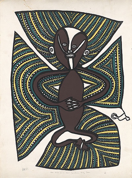 Title: b'Man ibilas na em ikan sindaum long faia.' | Date: c.1983 | Technique: b'photo-screenprint, printed in colour, from four stencils' Title: b'Man ibilas na em ikan sindaum long faia.' | Date: c.1983 | Technique: b'photo-screenprint, printed in colour, from four stencils'