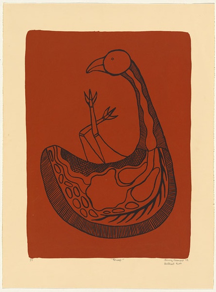 Artist: b'Clarmont, Sammy.' | Title: b'Nhampi' | Date: 1998, April | Technique: b'screenprint, printed in red ochre and black ink, from multiple screens' Artist: b'Clarmont, Sammy.' | Title: b'Nhampi' | Date: 1998, April | Technique: b'screenprint, printed in red ochre and black ink, from multiple screens'