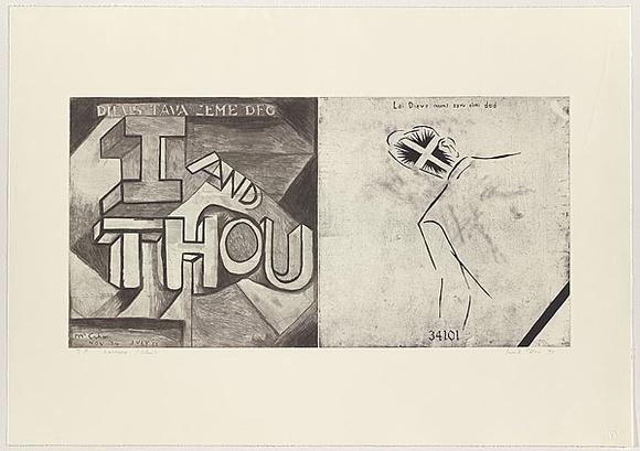 Artist: b'Tillers, Imants.' | Title: b'Diaspora/ [Dieus tava]' | Date: 1997 | Technique: b'etching, printed in black ink, from two plates' | Copyright: b'Courtesy of the artist'